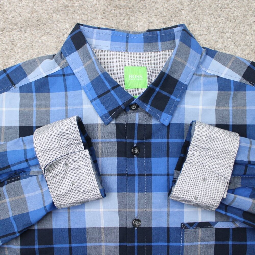BOSS Hugo Boss Shirt Mens‎ Large Blue Plaid Bansi Flip Cuff Cotton Long Sleeve